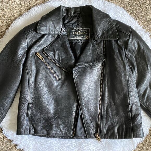 Express Genuine Leather Jacket Vintage Black Moto Y2K Womens Size Medium No Belt - Picture 3 of 11